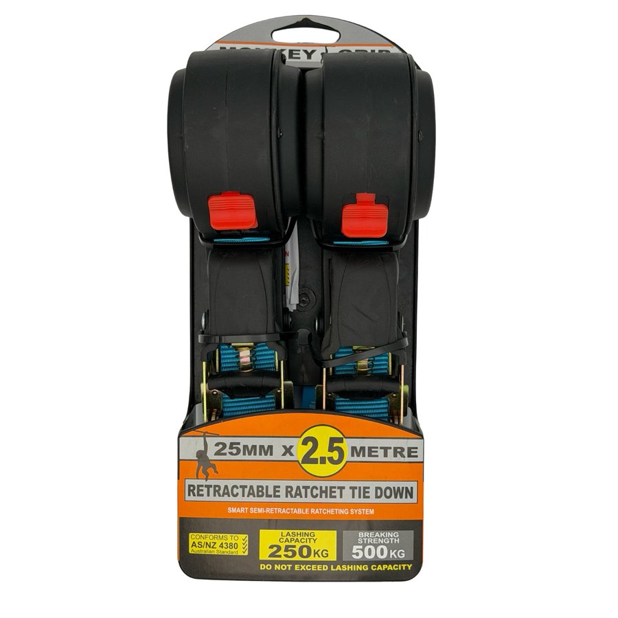 MONKEY GRIP RATCHET TIE DOWN STRAPS 25MM X 2.5M - SET OF 2